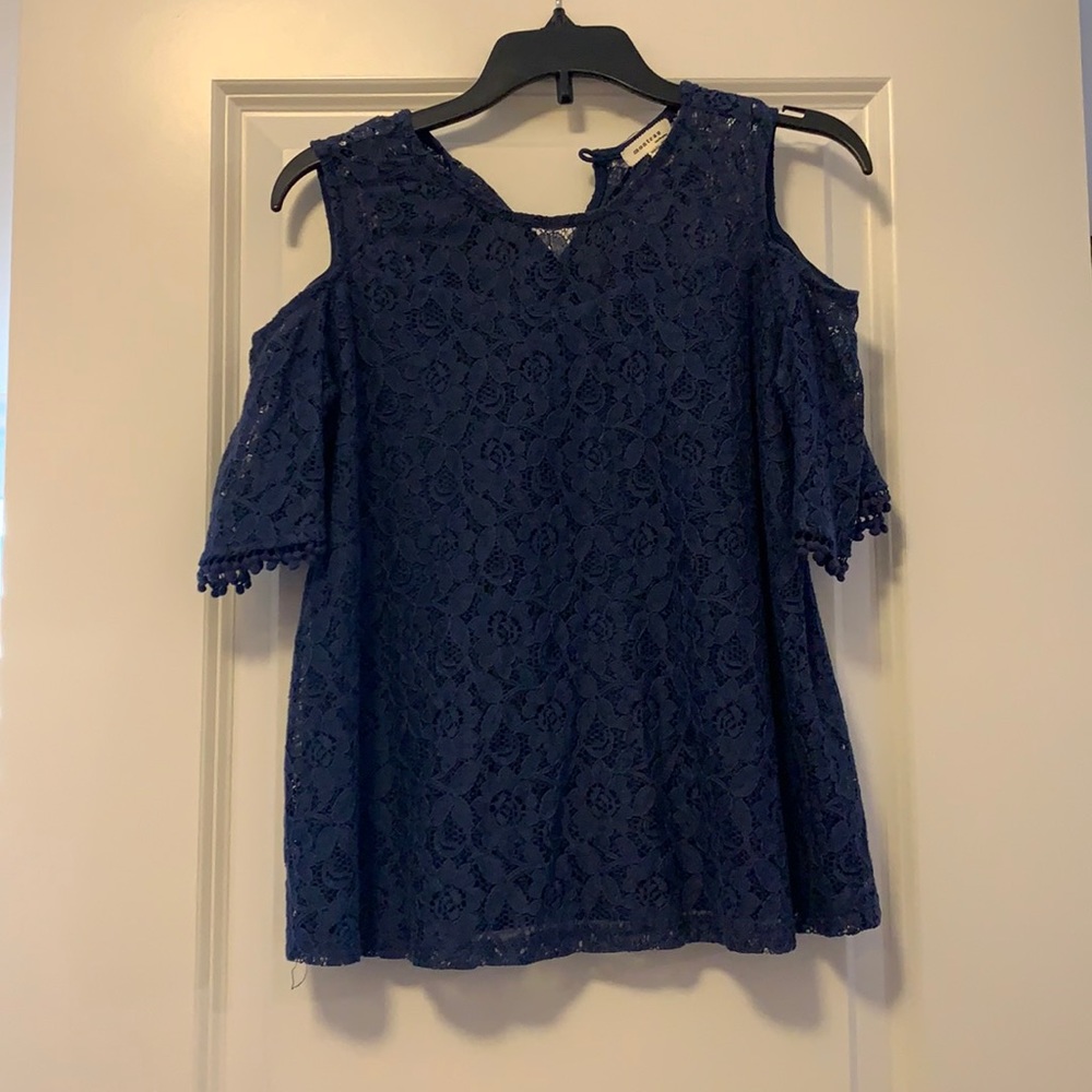 Blue lace, cut out shoulders blouse
